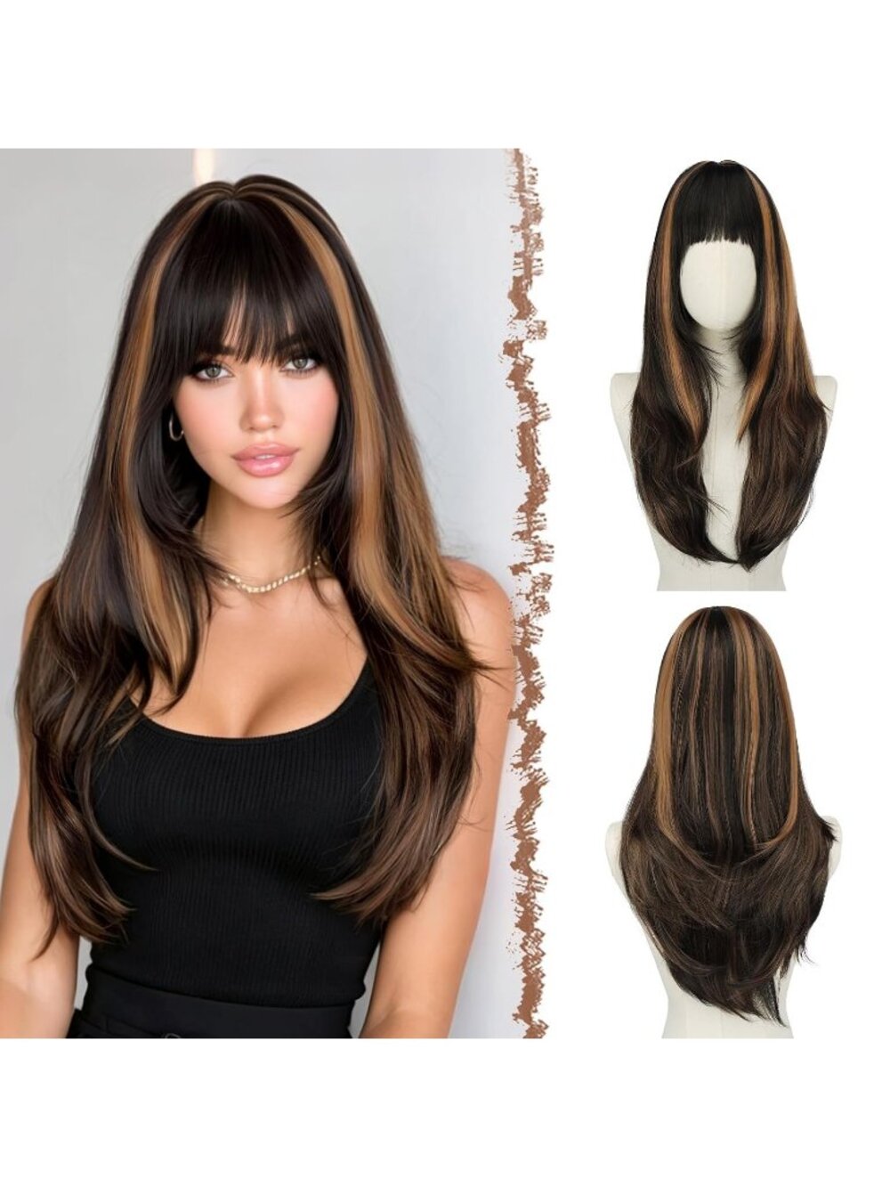 24 Inch Women's Black Highlighted Auburn Long Straight Sleek Layered Wig Bangs